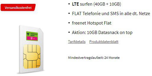 Telekom Tarif von mobilcom debitel mit 50GB LTE für 39,99€ mtl. + Prämie: 450€ Media Markt Gutschein