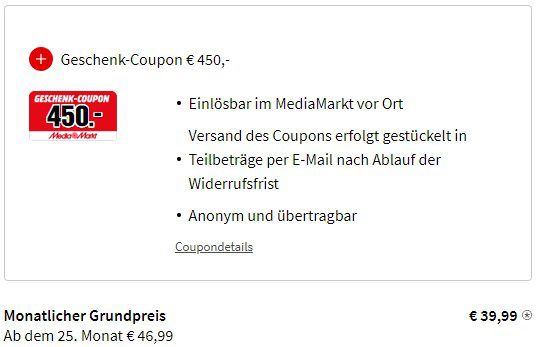 Telekom Tarif von mobilcom debitel mit 50GB LTE für 39,99€ mtl. + Prämie: 450€ Media Markt Gutschein