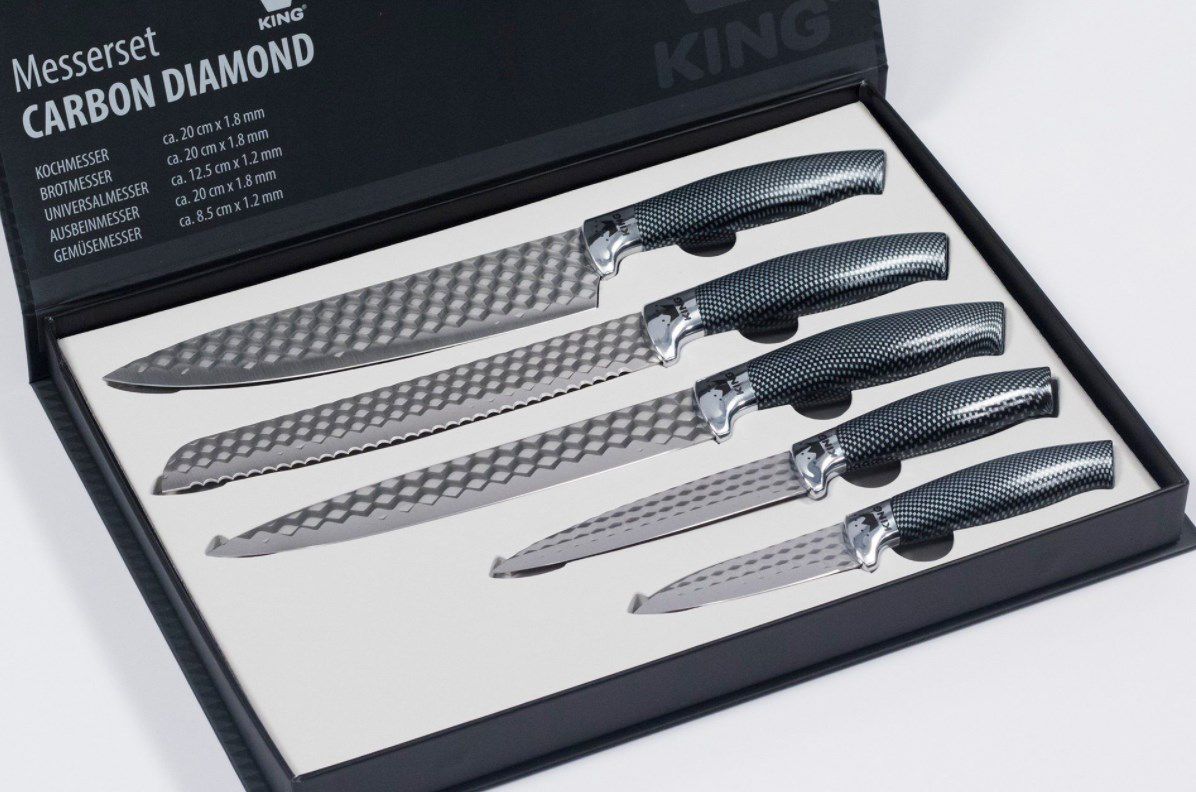 KING 5 teiliges Messer Set CARBON DIAMOND aus Stahl mit Rauten Struktur für 12,99€ (statt 22€)