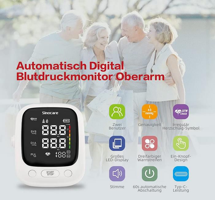 Sinocare Digitales Oberarm Blutdruckmessgerät mit LED Display für 12,99€ (statt 24€)