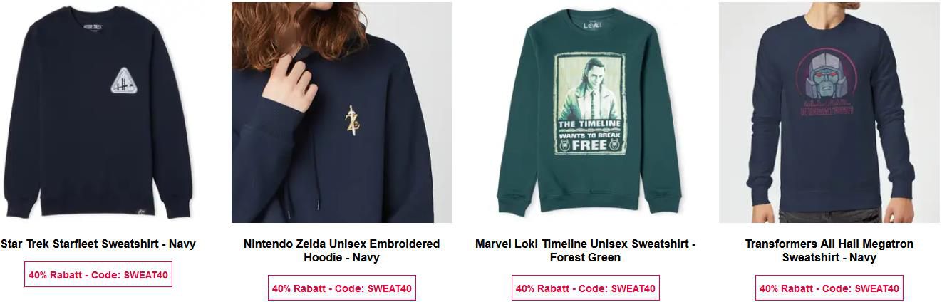 Zavvi: 40% Rabatt auf Sweatshirts   z.B. NASA Metallic Logo Unisex Sweatshirt für 19,18€ (statt 30€)