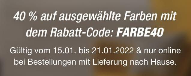 toom: 40% Rabatt auf ausgewählte Farben   z.B. toom 5L Premiumweiß für 25,14€ (statt 38€)