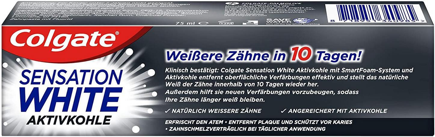 12er Pack Colgate Sensation White Zahnpasta mit Aktivkohle   12 x 75ml für 13,11€ (statt 18€)   Prime