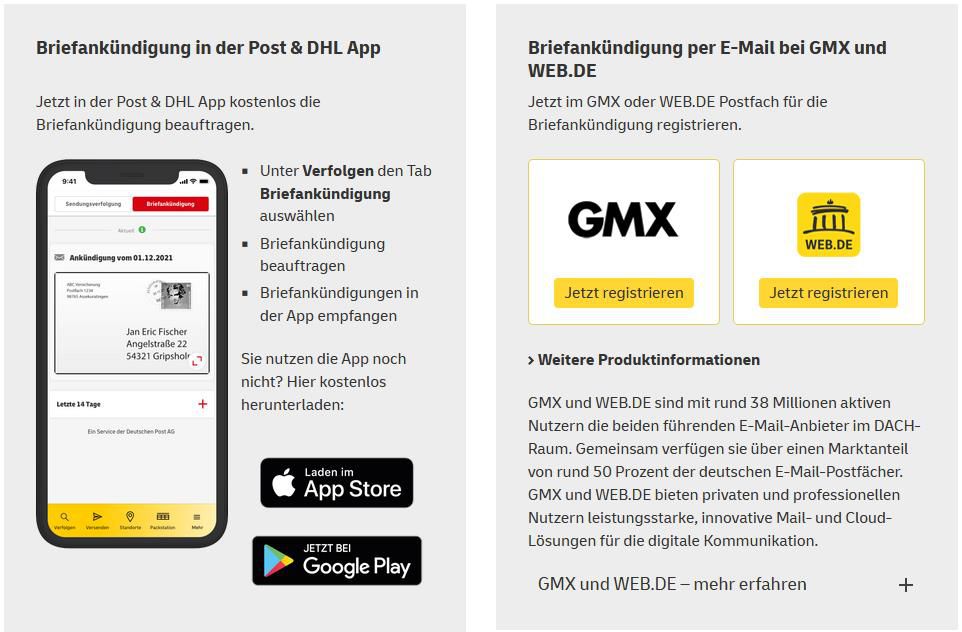 Briefankündigung per Post & DHL App ab sofort verfügbar