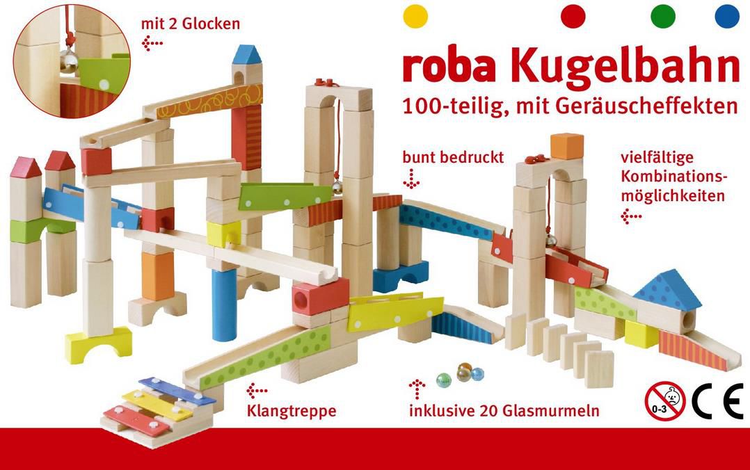 Roba Holzkugelbahn mit Geräuscheffekten und Glasmurmeln   100 teilig für 38,99€ (statt 50€)