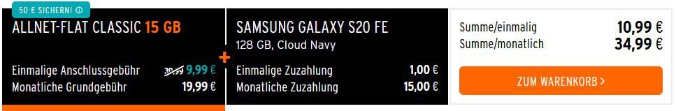 Samsung Galaxy S20 FE mit 128GB für 1€ + Vodafone Allnet Flat von otelo mit 15GB LTE für 34,99€ mtl. + 50€ Startguthaben
