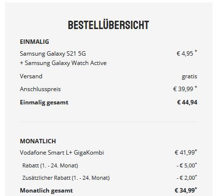 GigaKombi: Samsung Galaxy S21 5G + Samsung Galaxy Watch Active für 4,95€ + Vodafone Allnet Flat mit 30GB LTE für 34,99€ mtl.