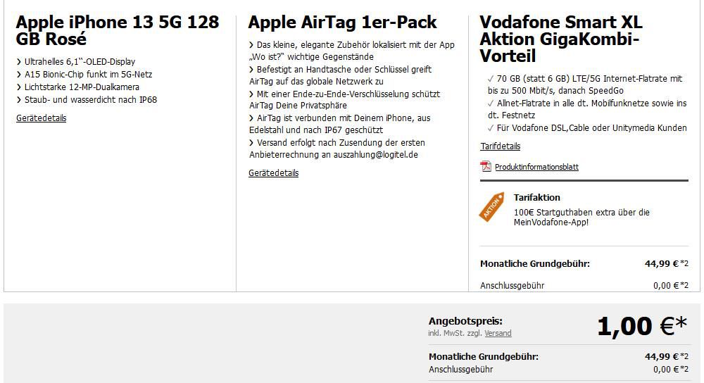 Apple iPhone 13 5G mit 128 GB Rosé + Apple AirTag für 1€ + Vodafone Allnet Flat mit 70GB LTE für 44,99€ mtl.   GigaKombi Vorteil