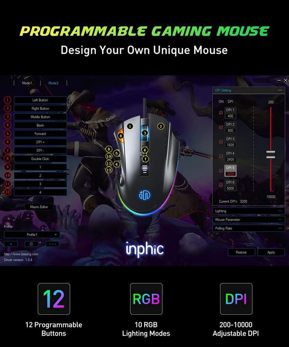 INPHIC kabelgebundene Gaming Maus   10.000 dpi und RBG Beleuchtung für 15,99€ (statt 32€)