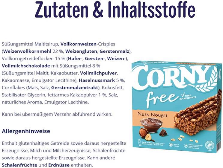 10er Pack Corny free Nuss Nougat   Müsliriegel ohne Zuckerzusatz 10 x 6 Riegel für 11,61€ (statt 14€)   Prime