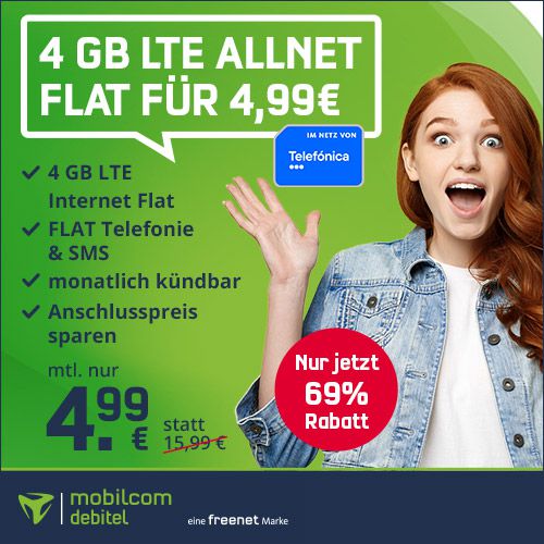 o2 Allnet Flat mit 4GB LTE für 4,99€ mtl. + monatlich kündbar