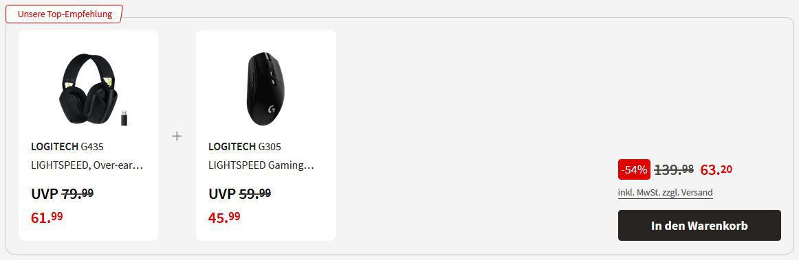 Pricedrop: Logitech G435 Lightspeed Gaming Headset + Logitech G305 Lightspeed Gaming Maus für 63,20€ (statt 102€)