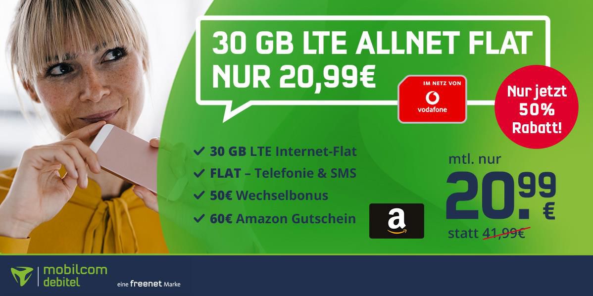 Vodafone Allnet Flat mit 30GB LTE für 20,99€ mtl. + 50€ Wechselbonus + 60€ Amazon Gutschein