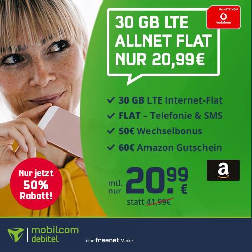 Vodafone Allnet Flat mit 30GB LTE für 20,99€ mtl. + 50€ Wechselbonus + 60€ Amazon Gutschein