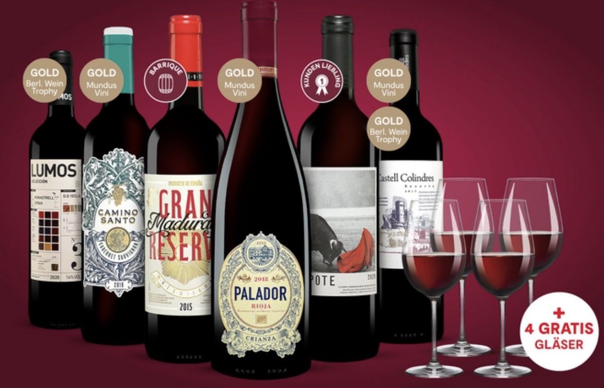 12 Flaschen Vinos Rotwein Paket + 8 Gläser für 48,99€