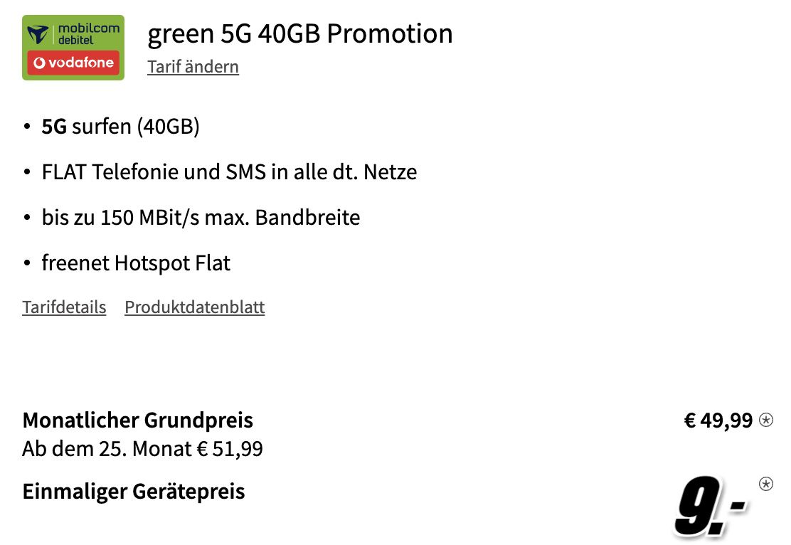 Apple iPhone 13 mit 128GB für 9€ + Vodafone Allnet Flat mit 40GB LTE/5G für 49,99€ mtl.