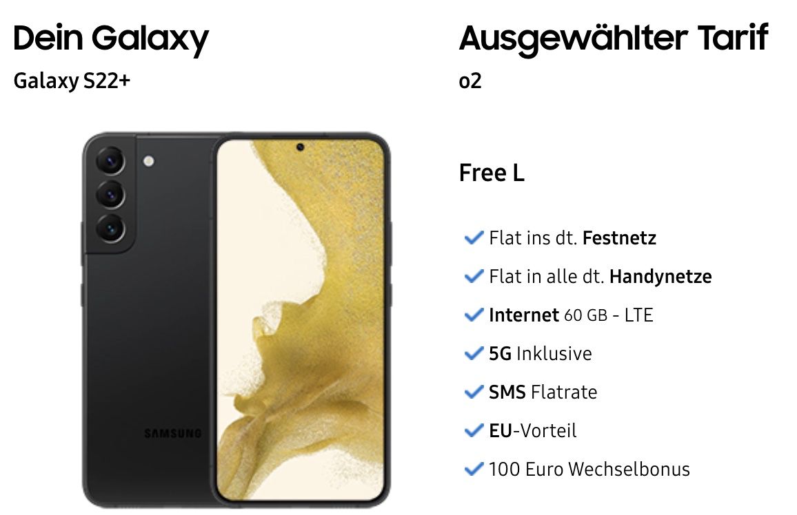 Samsung Galaxy Galaxy S22+ inkl. Buds Pro für 69€ + o2 Allnet Flat mit 60GB LTE/5G für 39,99€ mtl. + 100€ Bonus