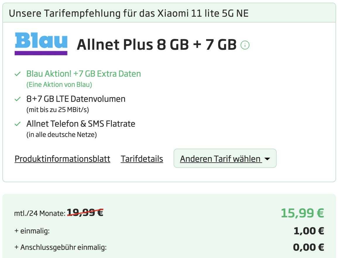 Xiaomi 11 lite 5G NE mit 128 GB für 1€ + Blau o2 Allnet Flat mit 15GB LTE für 15,99€ mtl.
