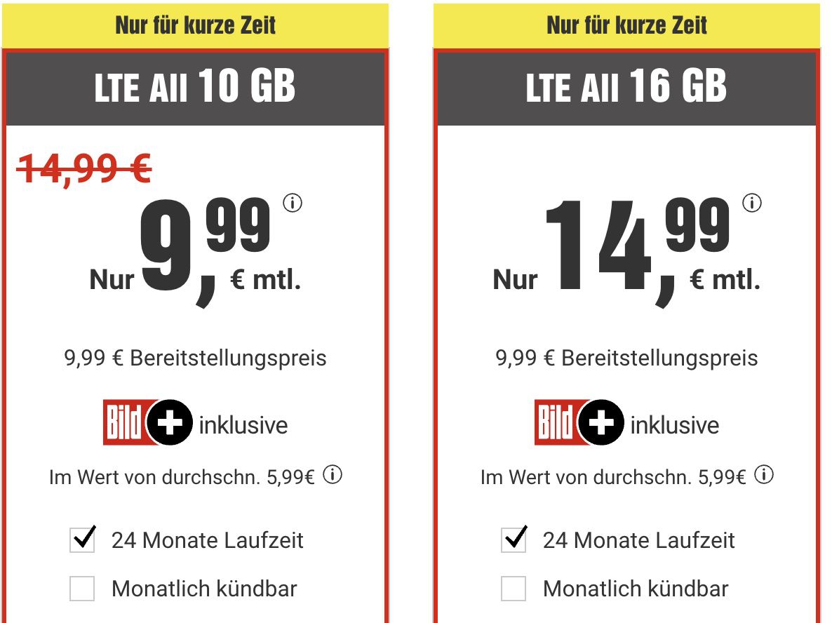 o2 Allnet Flat mit 10GB LTE für 9,99€ mtl. inkl. BILDplus (Wert 5,99€ mtl.)   auch monatlich kündbar!