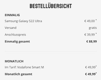 Samsung Galaxy S22 Ultra 5G für 49€ + Vodafone Allnet Flat mit 85GB 5G/LTE für 49,99€ mtl.