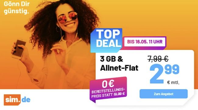 Sim.de: Drillisch Allnet Flat inkl. 3GB 5G für 2,99€ mtl.