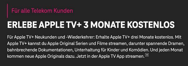 VERLÄNGERUNG! Für alle Telekom Festnetz (inkl. TV) & Mobilfunk Kunden 3 Monate Apple TV+ gratis