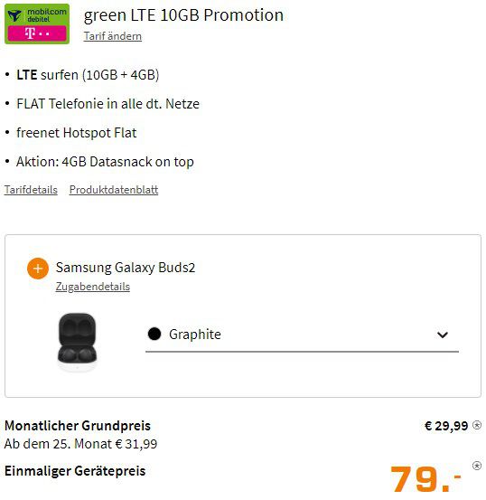 Samsung Galaxy S21 FE 5G (128GB) für 79€ + Telekom green LTE mit 14GB für 29,99€ mtl. + Samsung Galaxy Buds2 kostenlos