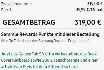 Samsung Galaxy Tab S8 Ultra 5G für 319,00€ + O2 Free L mit 60GB LTE für mtl. 39,99€