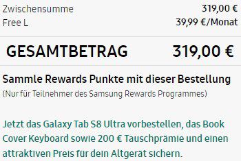 Samsung Galaxy Tab S8 Ultra 5G für 319,00€ + O2 Free L mit 60GB LTE für mtl. 39,99€