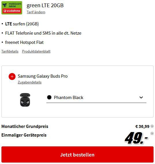 🔥Samsung Galaxy S22 5G mit 128GB + Galaxy Buds Pro für 49€ + Vodafone Allnet Flat mit 20GB LTE für 36,99€ mtl.