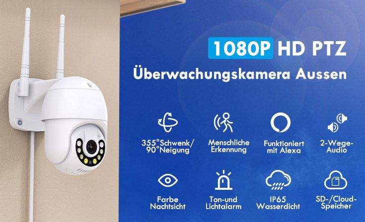 1080p Überwachungskamera mit 4x digitalen Zoom & 20m Farbnachtsicht für 39,99€ (statt 80€)