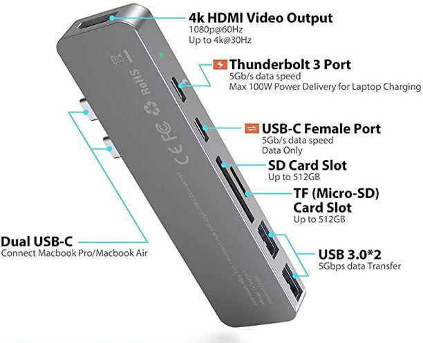 Floomp 7in1 USB C Hub mit 2x USB 3.0, Thunderbolt 3 & 100W PD für MacBook für 15,99€ (statt 36€)