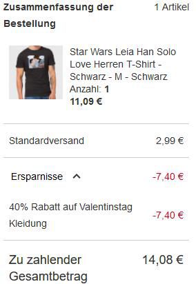 Zavvi: 40% Rabatt auf Valentinstag Kleidung   z.B. Star Wars Leia Han Solo Love Herren T Shirt für 14,08€ (statt 20€)