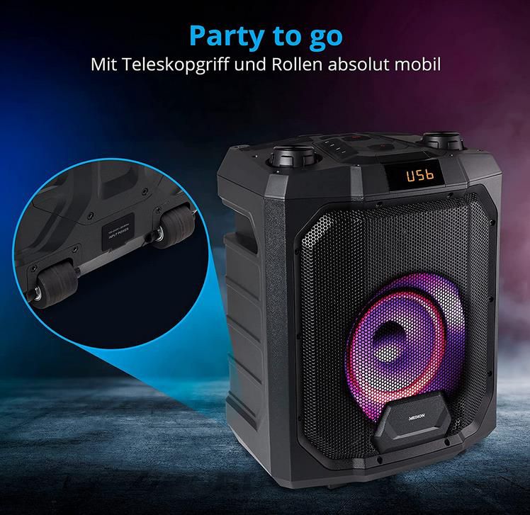 MEDION P61988 Party Soundsystem 50 Watt, 4.000mAh Akku für 99,99€ (statt 120€)