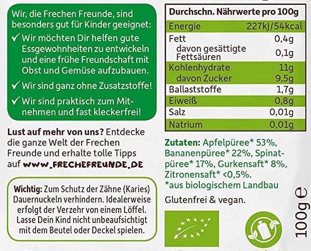 6x FRECHE FREUNDE Bio Quetschie Apfel, Banane, Spinat & Gurke (glutenfrei & vegan) ab 3,11€ (statt 5€)   Prime Sparabo