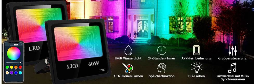 2x 60W RGBW LED Außenstrahler mit APP Steuerung für 49€ (statt 98€)