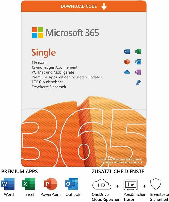 Microsoft 365 Single   5 Geräte, 1 Nutzer, 1 Jahr für 34,99€ (statt 43€)