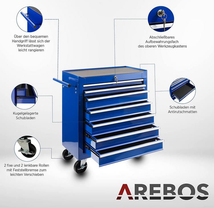 Arebos Werkstattwagen   zentral abschließbar, 7 Fächer inkl. Antirutschmatten für 129,70€ (statt 150€)