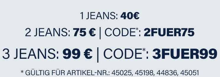 Jeans Direct Staffelrabatt: 1 für 40€   2 für 75€   3 für 99€   z.B. 3x Mustang Vegas Herren Jeans für 99€ (statt 120€)