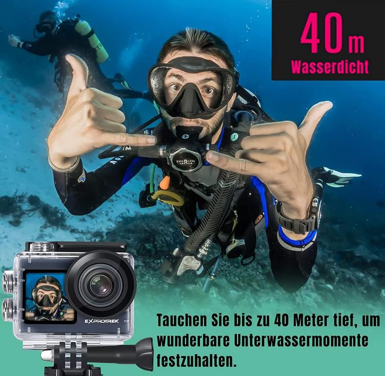 Exprotrek Action Cam 4K Unterwasserkamera Wasserdicht 40M Ultra HD 20MP Kamera 170 ° Ultra-Weitwinkel WiFi Camcorder EIS Stabilisierung mit Dual 1350 mAh Akku 