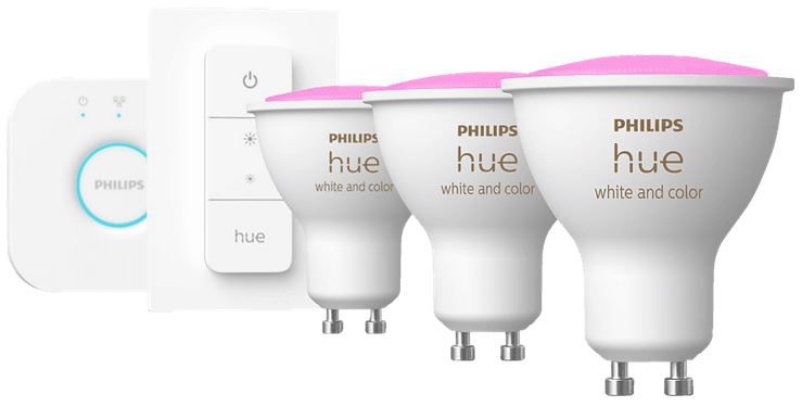 Philips Hue LED GU10 3er Starter Set mit Bridge und Dimmschalter für 138,65€ (statt 156€)