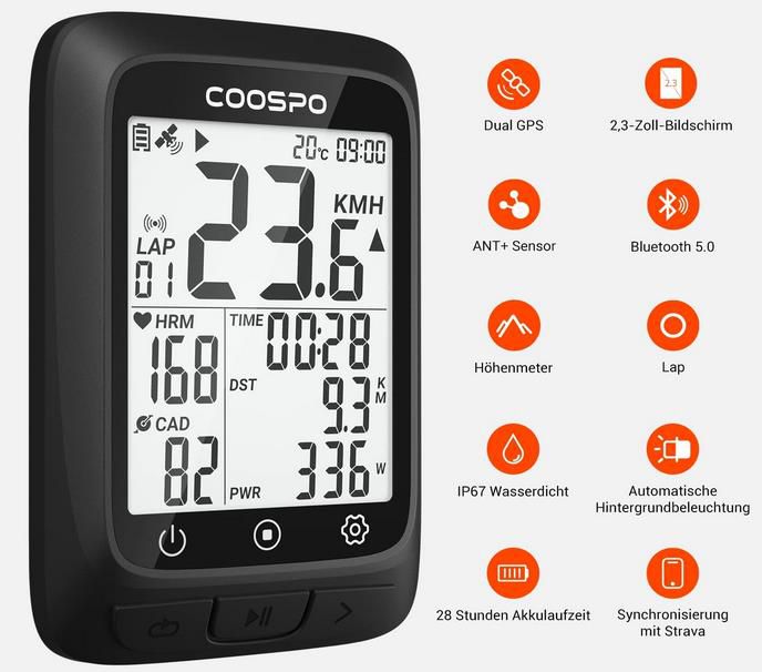 COOSPO BC107   2,3 Zoll LCD Fahrradcomputer mit GPS Bluetooth 5.0 ANT+ für 41,99€ (statt 60€)