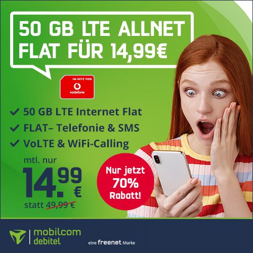 KNALLER 🔥 Vodafone Allnet Flat mit 50GB LTE inkl. VoLTE & WiFi Call für 14,99€ mtl.   eSIM + flexibler Vertragsbeginn möglich