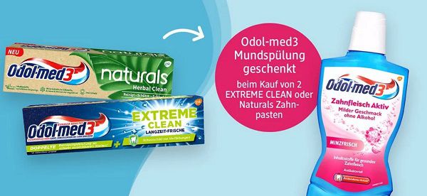 dm: Odol med3 EXTREME CLEAN oder naturals kaufen & Mundspülung gratis dazu