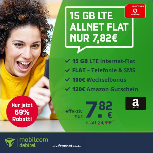 Vodafone Allnet Flat mit 15GB LTE für 16,99€ mtl. + 120€ Amazon Gutschein + 100€ Wechselbonus