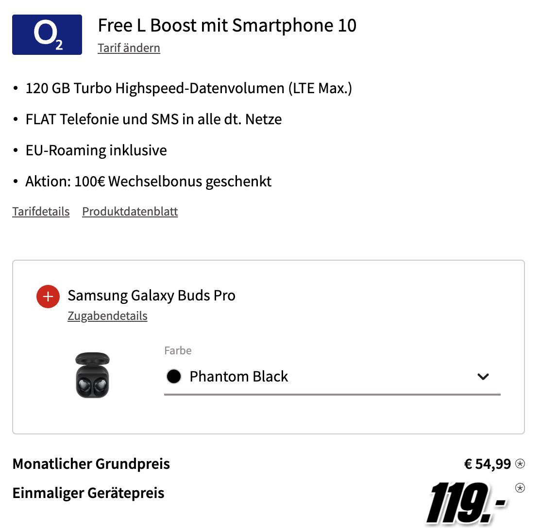 Samsung Galaxy S22 Ultra + Galaxy Buds Pro für 119€ + o2 Allnet Flat mit 120GB LTE/5G für 54,99€ mtl. + 100€ Bonus