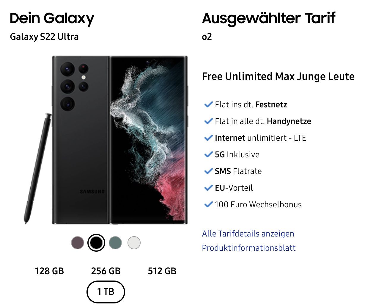 Junge Leute: Samsung Galaxy S22 Ultra mit 1TB für 333€ + o2 Allnet Flat mit unlimited LTE/5G für 49,99€ mtl. + 100€ Bonus