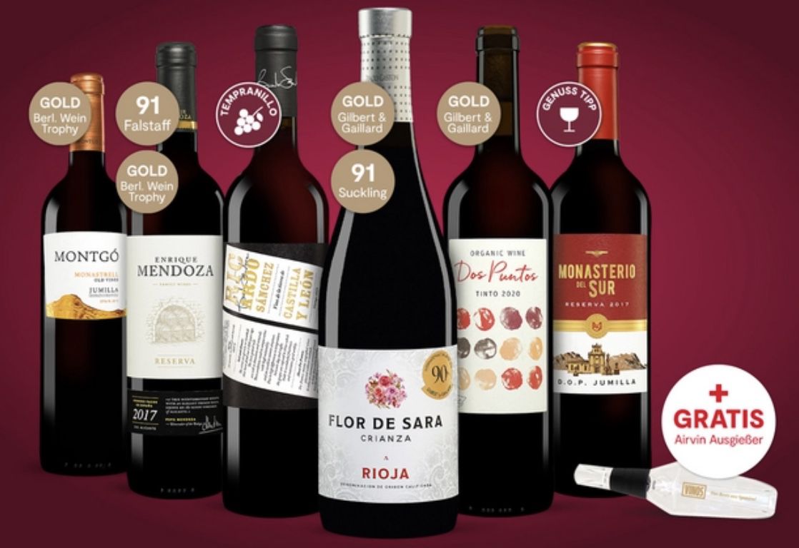 12 Flaschen spanischer Rotwein + 2 Weingläser + Ausgießer für 43,99€