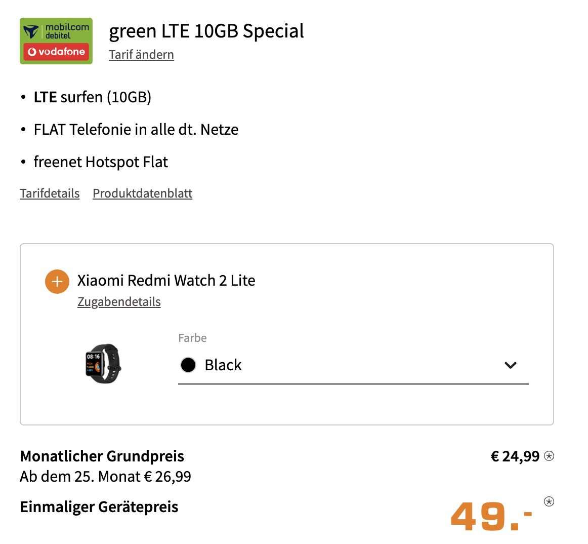 Xiaomi 12X + Redmi Watch 2 lite für 49€ + Vodafone Allnet Flat mit 10GB LTE für 24,99€ mtl.