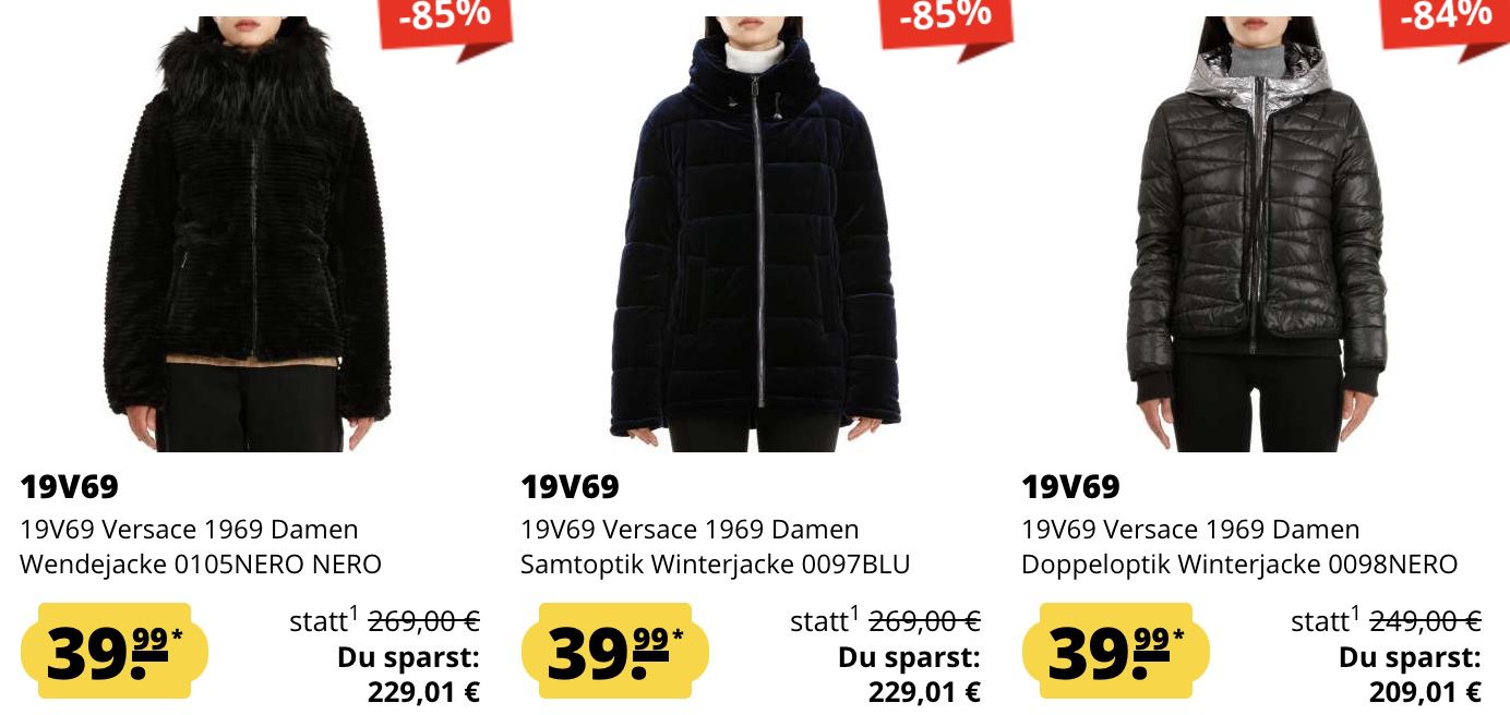19V69 Versace Damen Winterjacken für je 39,99€ + 5€ Gutschein ab 60€